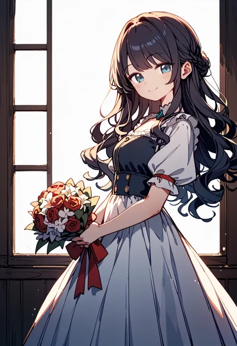 2D Flat、Holding a bouquet、smile、 long dress 、Curly hair、 Long Hair
