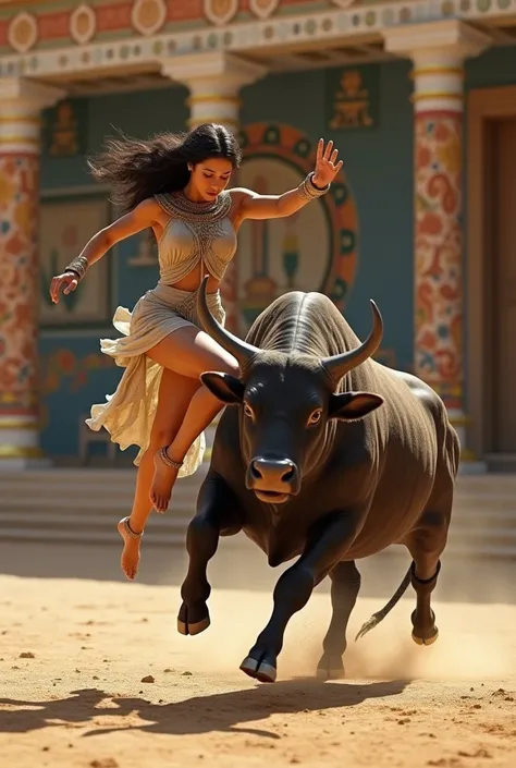 A vivid depiction of an ancient Minoan woman in traditional attire, gracefully leaping over a majestic bull. The scene captures the essence of the ancient ritual known as bull-leaping, set against the backdrop of a beautifully decorated palace with colorfu...