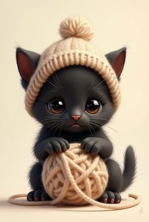 in the center, There is a black kitten ,  small and tender who wears a wool hat on her head , He is playing with a ball of wool