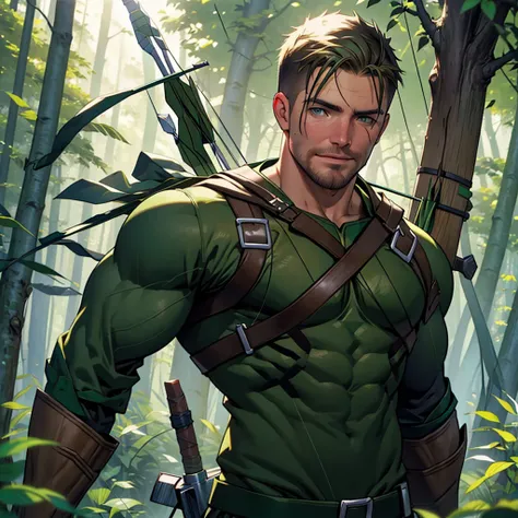 32k, high quality , detailed face , detailed fingers ,detailed muscles  (((stephen amell))) as (((green arrow))) , wearing dark green forest suit   , having a dark blond short hair , a thick well groomed facial hair, a bulge ,hunk and handsome, shooting wi...