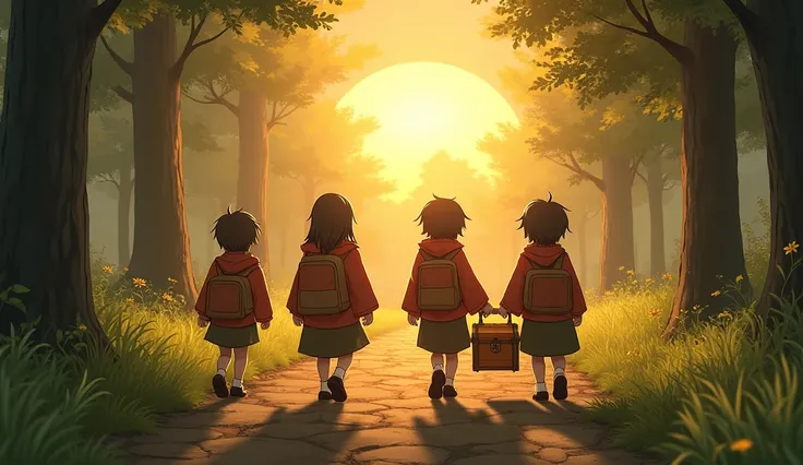 "Four school  ren carrying a treasure chest, walking out of the forest into a peaceful village at sunrise."