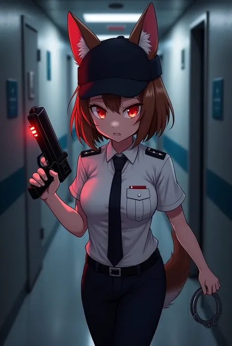 The adut warden female, brown short hair, german shepherd ears, german shepherd tail, red eye color, white officer shirt and black tie, black trousers, black officer baseball cap, holding a taser gun and handcuffs, Sherunning in cell corridor, red siren li...