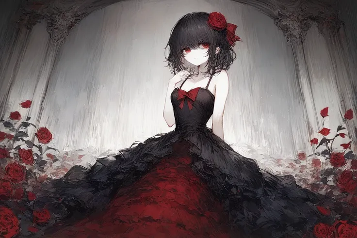 Black souls style, black hair, (red eye) ,red rose, Red bow,  black noble dress ,pale skin, mysterious, elegant, shy