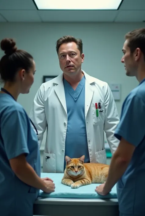 The vet team hesitating, unsure why Elon brought in a cat, until he orders them to save it.