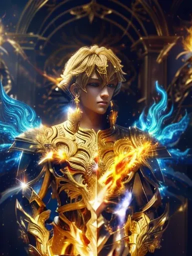 A beautiful boy from saint seiya, Golden armor with friezes, (((sword and flames theme of friezes))), sapphyres, Blue light effects, blonde with Blue yes and ear Rings, ultra realistic, uhd, 8 k, masterpiece