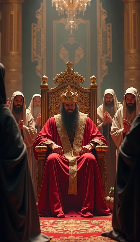 A Very Clear 4K Ultra HD Dynamic Image Of "A worried king with a golden crown and royal red robes seated on a grand throne, surrounded by healers holding herbs and potions and mystics in traditional robes chanting prayers, all looking deeply concerned abou...