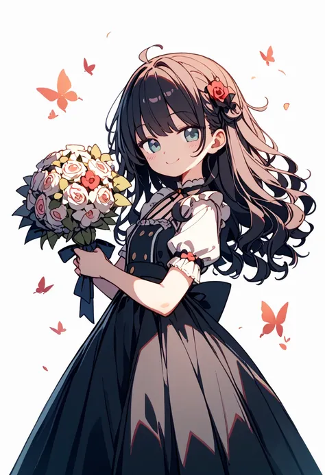 2D Flat、Holding a bouquet、smile、 long dress 、Curly hair、 Long Hair
