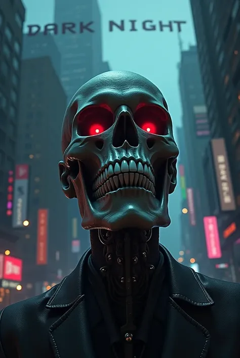 A skull smilling and written [dark night] in cyberpunk style