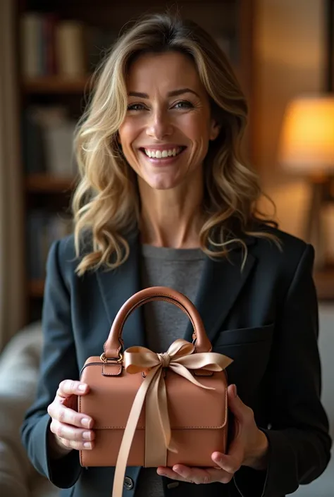 40-year-old woman receiving a womens bag as a gift 