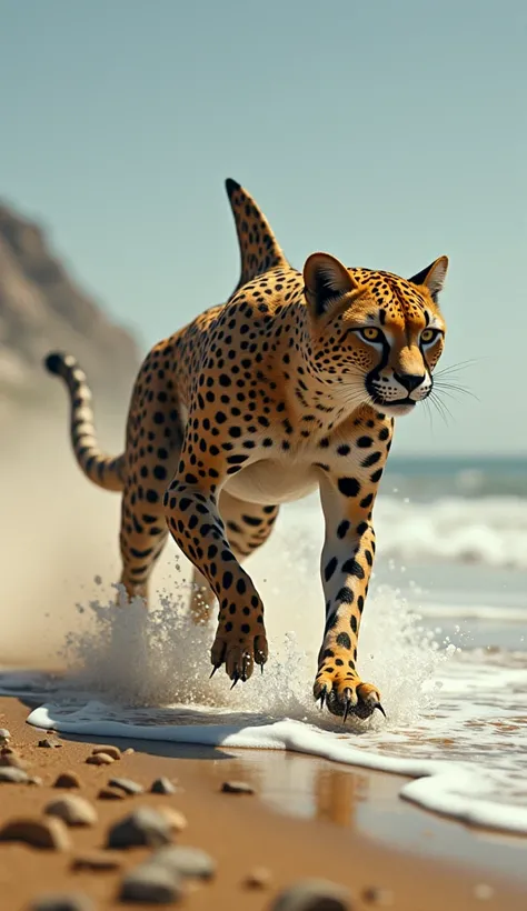 "Design a hybrid creature combining a shark and a cheetah. The body should resemble the streamlined form of a shark, covered in sleek fur with the iconic spotted pattern of a cheetah. Its front fins should transition into muscular cheetah-like legs, and it...