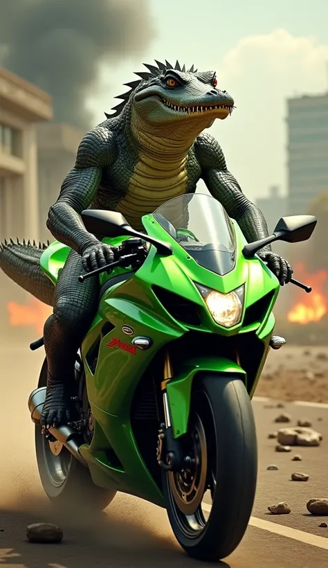 A majestic crocodile riding a Kawasaki ZX10R motorcycle through a war zone. The background features a dramatic battlefield with smoke, destroyed buildings, and fiery explosions. The lion looks fearless and regal, its mane flowing in the wind as it grips th...