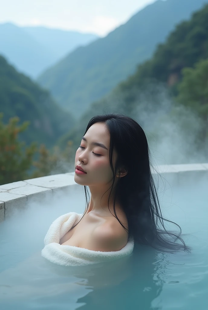 masterpiece,best quality ,ultra detailed,Advertising poster style, advertisement for "Nyuto Onsen In Akita", open-air bath, deep in the mountains, cloudy water, beautiful black-haired woman taking a bath wrapped in a bath towel, steam, relaxing, beautiful ...