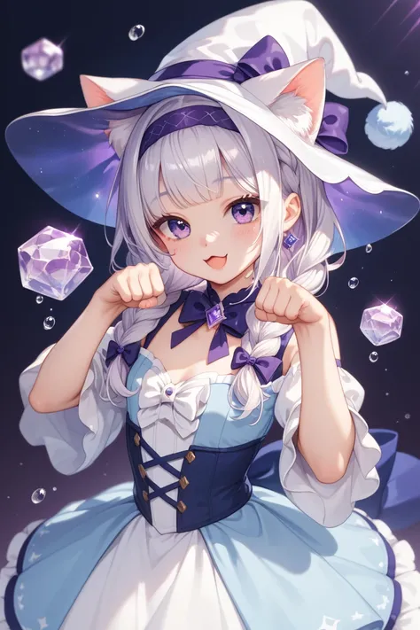  White Hair Braid  （ Headband Blue Wizard Hat and Cat Ears：1.3） （Eyes Blue White ：1.2） （ Wearing a Blue and White Wizard Dress ：1.4）  Cute Cheerful Face Expected  （loli：1.4）  Toddler Beautiful Flowing Paw Paw Pose Purple Eye Makeup （Pastel Brush ：1.4） （ Su...