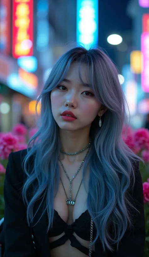 The photo showcases a highly detailed image of a Korean woman with long silver-gray hair featuring dark blue highlights, giving her a modern and edgy appearance. Her hair flows neatly in layered cuts, creating a voluminous and textured look. Her face has m...