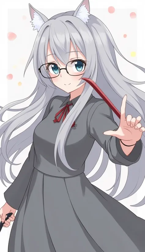  anime style、 best quality、Hold the throwing knife between your fingers、Grey Dress、Grey long hair、Rimless Glasses