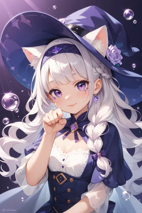  White Hair Braid  （ Headband Blue Wizard Hat and Cat Ears：1.3） （Eyes Blue White ：1.2） （ Wearing a Blue and White Wizard Dress ：1.4）  Cute Cheerful Face Expected  （loli：1.4）  Toddler Beautiful Flowing Paw Paw Pose Purple Eye Makeup （Pastel Brush ：1.4） （ Su...