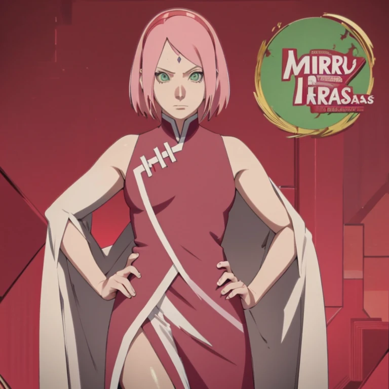 Adult Sakura Hatuno from BORUTO, 1girl, Solo, Masterpiece, High Resolution, Super Detailed, Best Quality, Short Hair, Bright Pink Hair, Green Eyes, Red Hairband, Diamond-shape tattoo on forehead, Red Xmas Outfit, XMas background, 