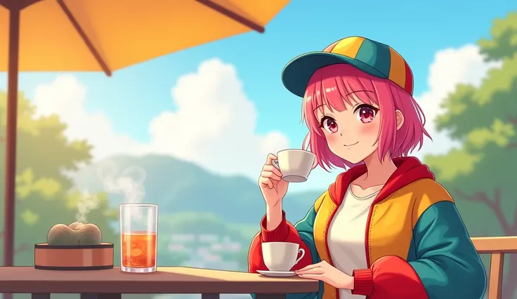 a beautiful Japanese girl in modern clothes, a girl smiling, in a puffed colored jacket, in a multicolored cap, with pink hair and a short hairstyle to her shoulders, holding a long cup of tea with a lid in her hand, the weather is sunny, drawn like in a c...