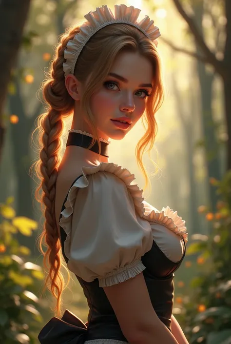 there is a woman with a big breast posing for a picture, extremely detailed artgerm, gorgeous maid, a sexy maid in a magical forest, breasts covered and sfw, cutesexyrobutts, (sfw) safe for work, cleavage, commission for high res, triss merigold, highly de...