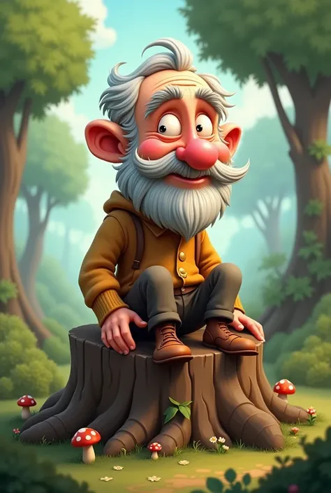 Old man sitting on a stump with a face cartoon 