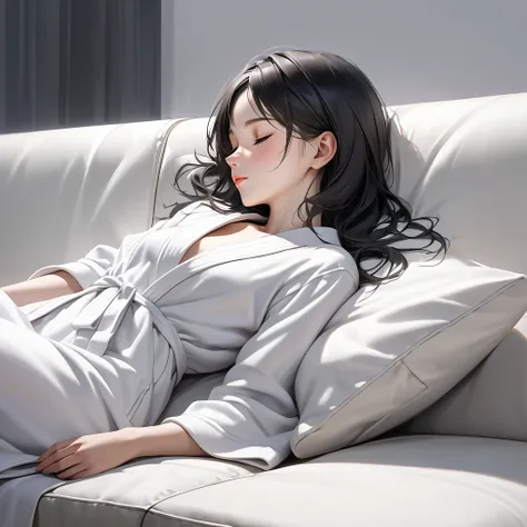 Ultra-realism
young woman sleeping 
lean back on the sofa
Black hair
white bathrobe
barefeet
