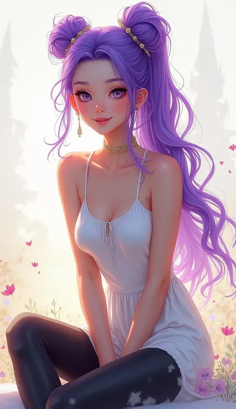 realistic,A beautiful with long hair styled in a stunning purple ponytail with double bun, fantasy artwork,  divine, adorned with a delicate hair ornament, sits solo on a serene background, bathed in soft, natural light that casts an ethereal glow on her p...