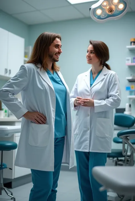 I am a dentist 1, 84 I am 43 years old I have medium long brown hair in a blue uniform with a white coat I am in the office and they took a picture of me talking to a colleague she is in a doctors uniform we are in a dental office real image.