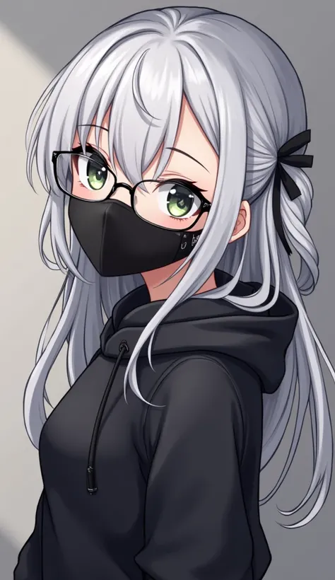  anime style、 best quality、Grey long hair、Rimless Glasses、 black mask 