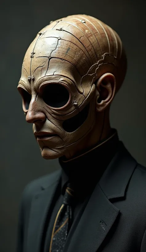 ((RAW Photo), Absurd, (Absurd Resolution)), Masterpiece, Best Quality, (Extremely Detailed CG Unity 8k Wallpaper), (Best Illustration), (Best Shadow), Realistic Lighting, Detailed and Beautiful, Man with Walnut Face the Shell Fuses with the Head, Sinister