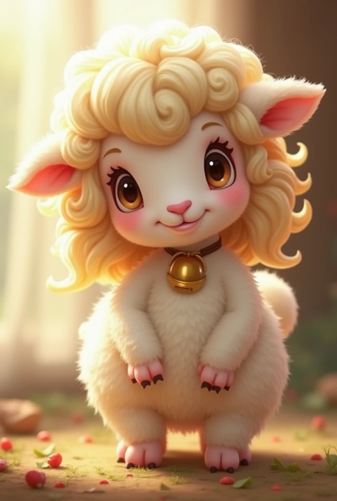 "A female sheep anthropomorphic with a round face and ((soft, fluffy white wool)) covering her body. She has ((big, rounded breasts)) and a slightly plump figure with a soft belly and curvy hips. Her tail is a small, fluffy lambs tail that wags when excite...