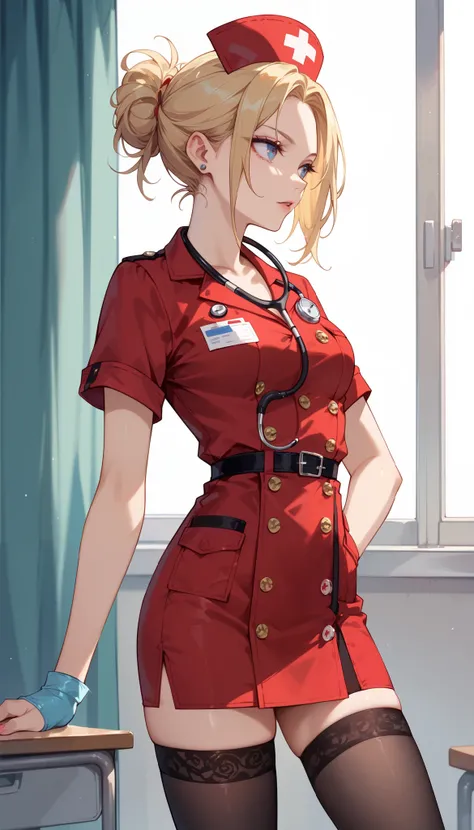 Nurse in red uniform, black stockings, blonde hair, stethoscope, sullen expression, sideways, looking into the distance, slim waist
