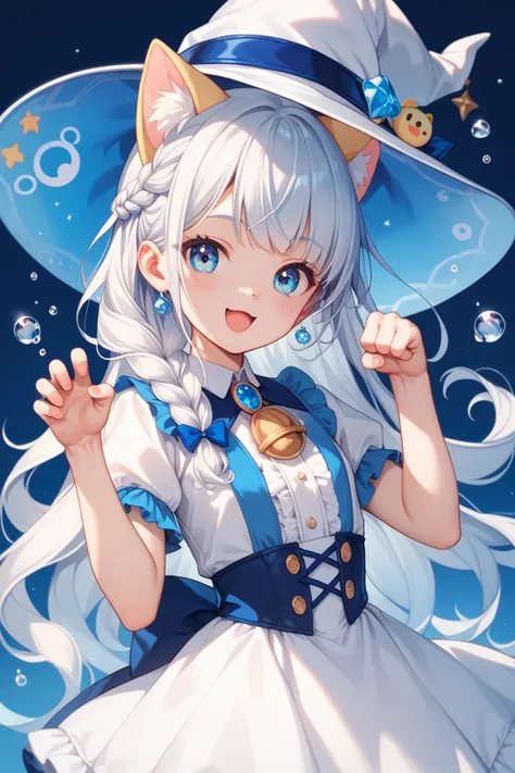  White hair braid headpiece light blue wizard hat and cat ears （Eyes light blue ：1.2） （Wear a light blue and white wizard dress ：1.4）  Cute smiley face look of expectation  （loil：1.4） Lolli toddler beautiful flowing paw pose  （Pastel Brush ：1.4） （ Super De...