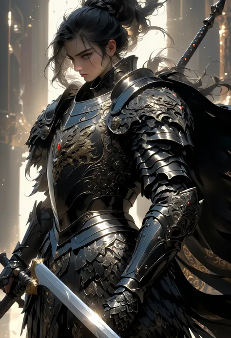 breathtaking A  very detailed  DIGITAL PAINTING of a powerful knight in armor holding a large, Shield decorated with heroic poses, An extremely detailed full-body knight in shiny black armor with intricate patterns, Standing in a dramatic pose,Fighting the...