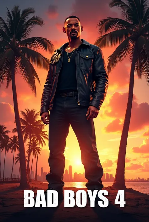 Bad Boys 4 Will Smith on the back of a sunset palm tree and Miami and bad boys on the front