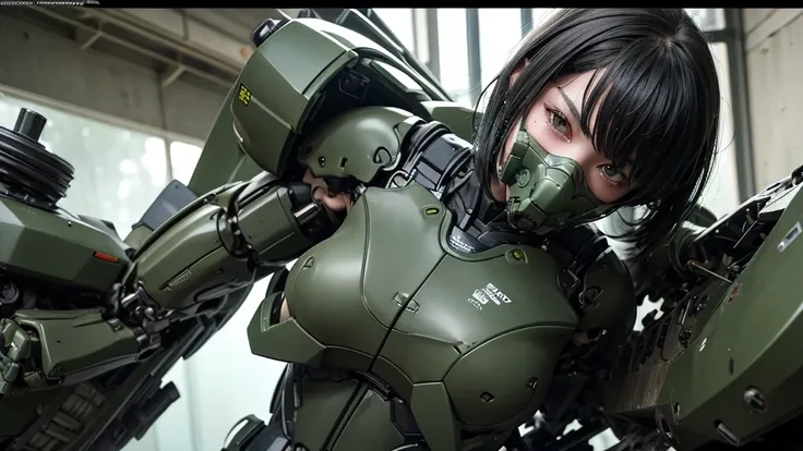 最 High Quality 非常に Details,  Details,  High Quality , 最 High Quality ,  high definition , 1080P,  hard disk , beautiful,(War Machine),( perfect headgear ),See the whole picture,beautifulサイボーグ女性, dark green mecha cyborg girl lying on a mechanical bed ,BATTL...