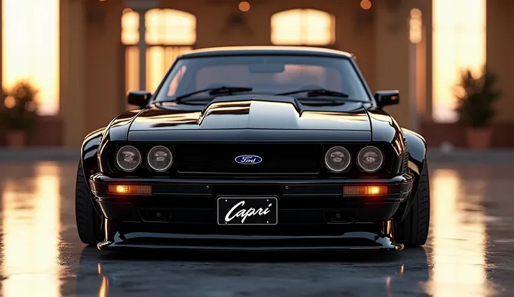 Create a 3D render of a car design featuring the 1979 Ford capri. The car should be viewed from the [front] in [Color black. Include a [Ford  capri prominently on the [front]. The headlights should be [black,. The license plate should display [Capri The ca...