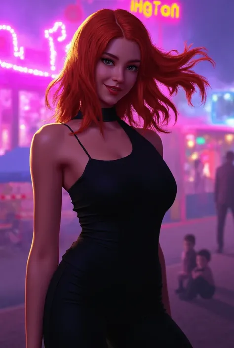 (dynamic 3D) arafed ginger happywoman in a blacka outfit leds neon standing in front of a carnival, beautiful digital artwork, stunning digital illustration, gorgeous digital art, 8k artgerm bokeh, realistic digital art 4k, realistic digital art 4 k, beaut...