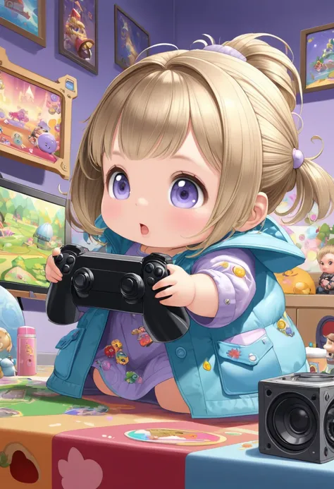 highly detailed and dynamic illustration,girl playing video game,toddler,toddlercon,shortstack,