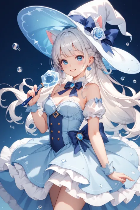  White Hair Braid Headgear Light Blue Wizard Hat and White Cat Ears （Eyes light blue ：1.2） （Wear Light Blue White Wizard Dress ：1.4）  Cute smiley face look of expectation  （loil：1.4） Lolli toddler beautiful flowing paw pose  （Pastel Brush ：1.4） （ Super Det...