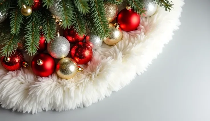 A white, fluffy tree skirt with colorful glass ornaments like gold, red, and silver balls arranged on top, set against a pure white background.