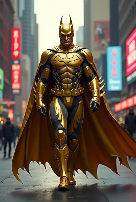 Batman wear golden colour suit walk on road