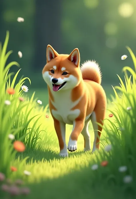 1 photo of grass, Shiba, During the walk, high quality photograph, No human,barking