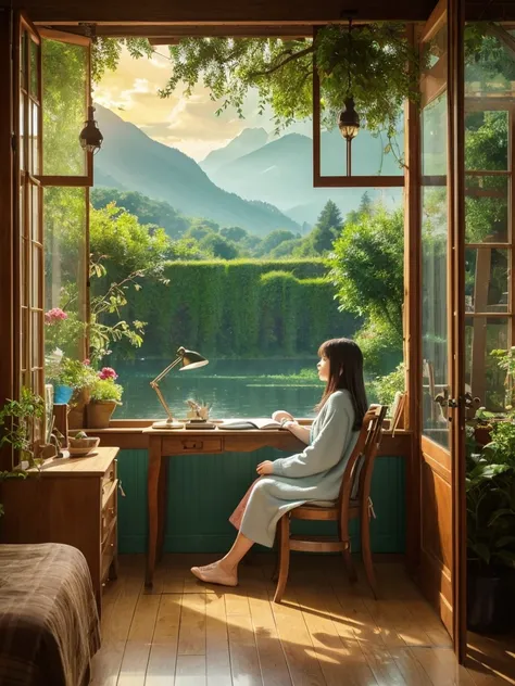 Create an illustration of a “Lofi Girl” inspired by Studio Ghibli. The scene should capture the serene, magical atmosphere typical of Ghibli films. The Lofi Girl is sitting at a wooden desk by a window, studying or writing in a notebook. She wears cozy, ca...