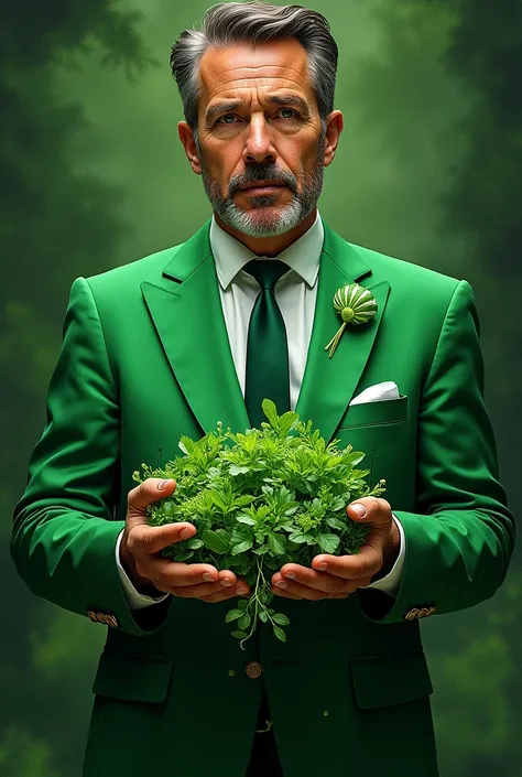 A green suit man and Hands full of green fair 
