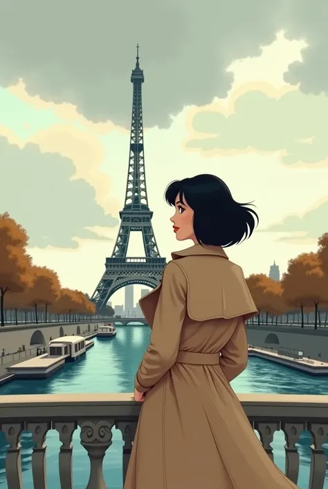 DISNEY, PIXAR style Cover, Cartoon, The image shows a woman standing on a bridge, with her back partially turned toward the camera, gazing over her shoulder. She is dressed in a beige trench coat, which complements the overcast ambiance of the scene. Her d...