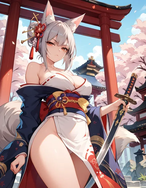 (( best quality)), ((masterpiece)), ( Details),anime, girl, sexy, Erotic , serious face,Long sword,kimono, Fox Ears and Tail,Gray Hair,Clothing,shrine,