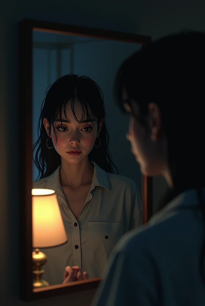 "
A girl standing in front of a mirror at night, softly illuminated by a bedside lamp. She looks at her reflection with a deep sigh, appearing tired and lost in thought