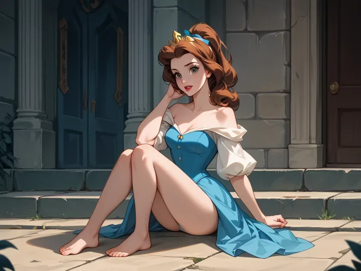 score_9, score_8_up, score_7_up, score_6_up, rating_safe, full body frontal view, 1girl, BREAK Disney princess Belle ,1girl, solo, brown hair, thin face, brown eyes, blue bow, ponytail), BREAK ((princess Belle Belle sitting down with her legs wide open wit...