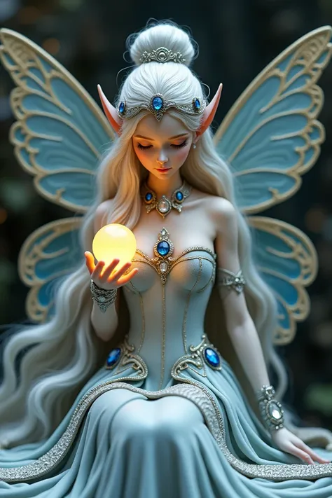 Main Subject - The Fairy Figure
- **Pose**: The fairy figure is seated gracefully, holding a glowing orb in one hand.
- **Expression**: The fairy has a serene and gentle demeanor, with eyes closed, exuding peace and tranquility.
- **Hair**: Long, white hai...