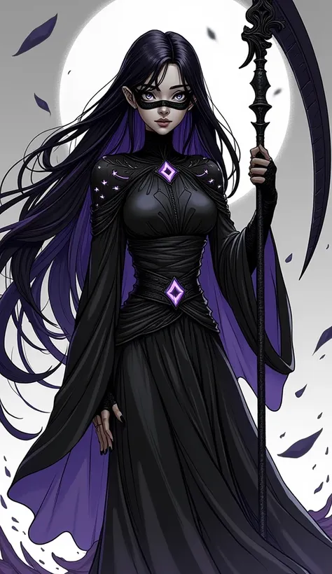 A black-and-white line art of Kyria, the mysterious mistress of shadows. She has long raven-black hair with violet highlights and piercing silver eyes. Her attire is an asymmetrical dark robe with glowing enigmatic patterns, complemented by ethereal shadow...